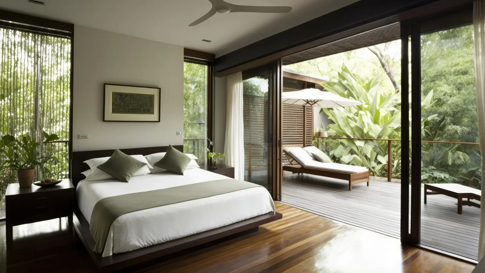 A bedroom with sliding glass doors