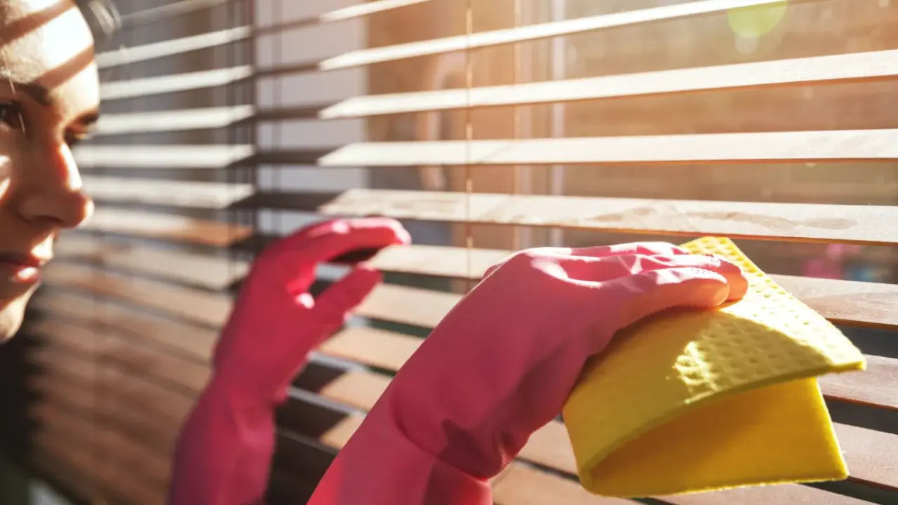 A woman cleaning blinds