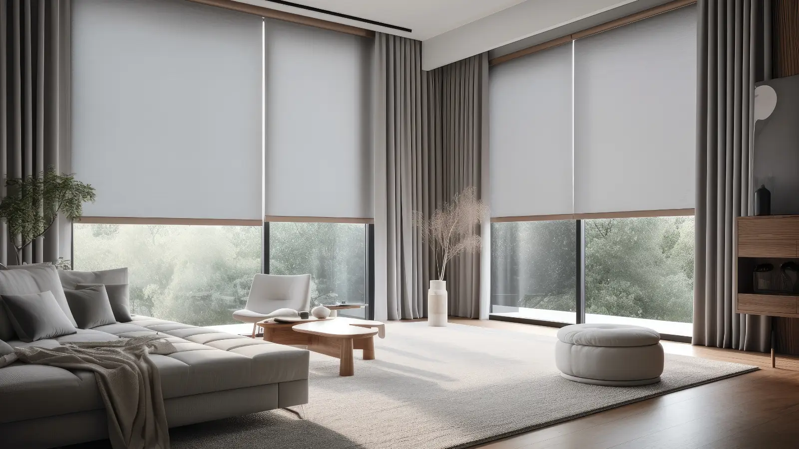 A modern living room with gray roller shades