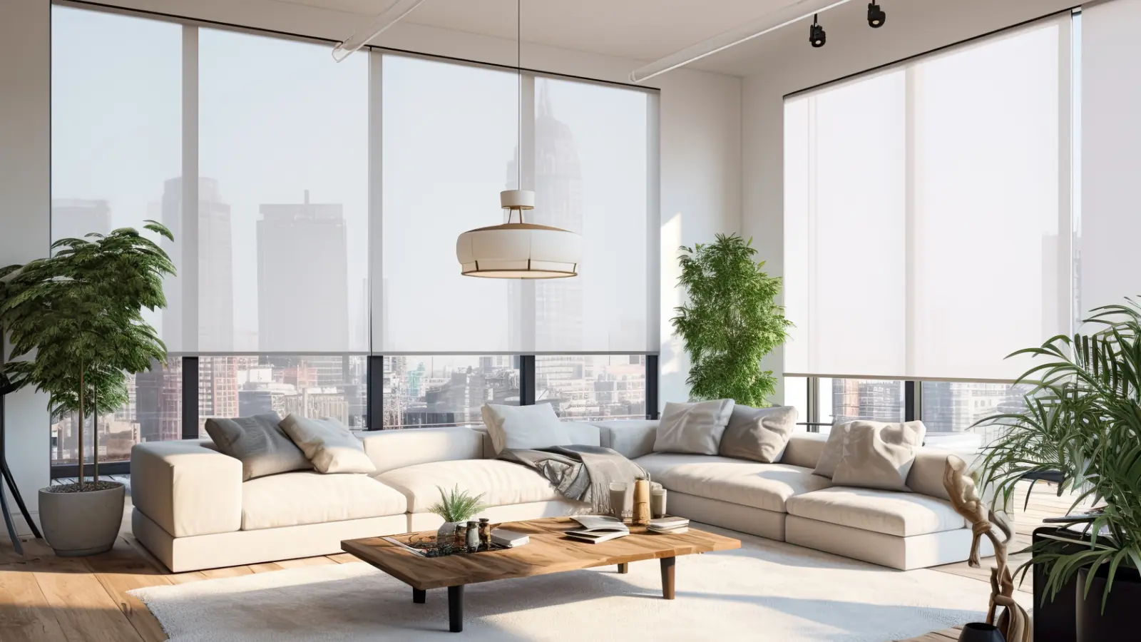 A living room with large windows and roller shades
