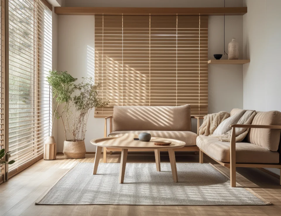 A living room with wooden blinds