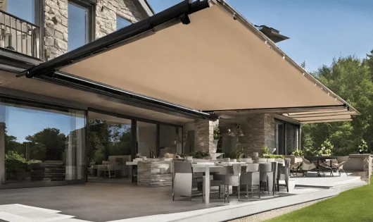 An outdoor patio with a retractable awning