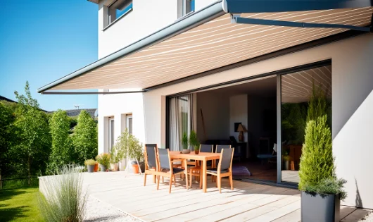 An awning over the patio of a house