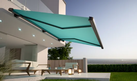 A teal awning over a patio