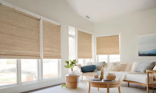 A living room with woven shades