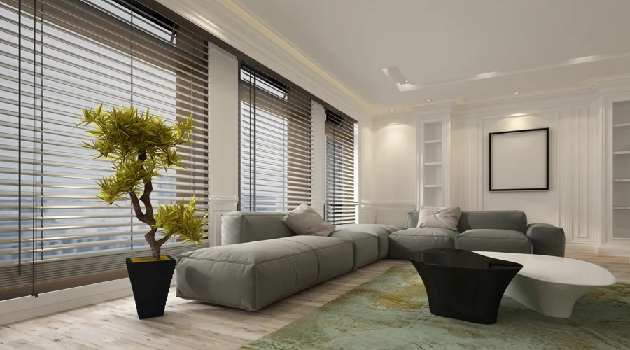 3d rendering of a living room with Venetian blinds