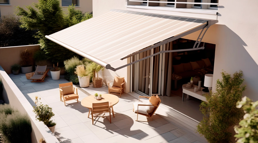 An outdoor patio covered by a retractable awning