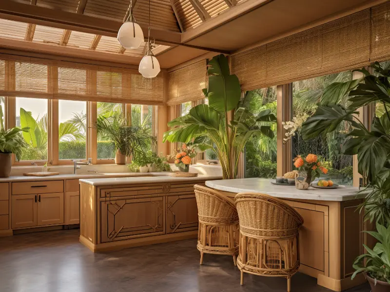 A kitchen with elegant matchstick shades.