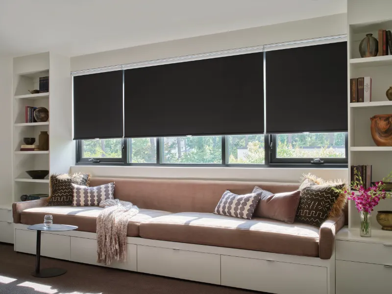 Blackout shades in a reading area.