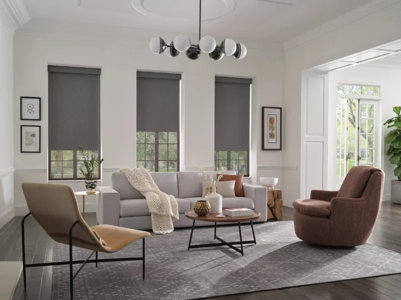 Hunter Douglas shades in a modern living room.