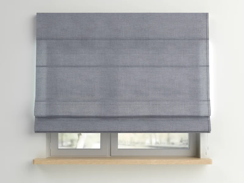 A gray Roman shade covering a dual panel window.