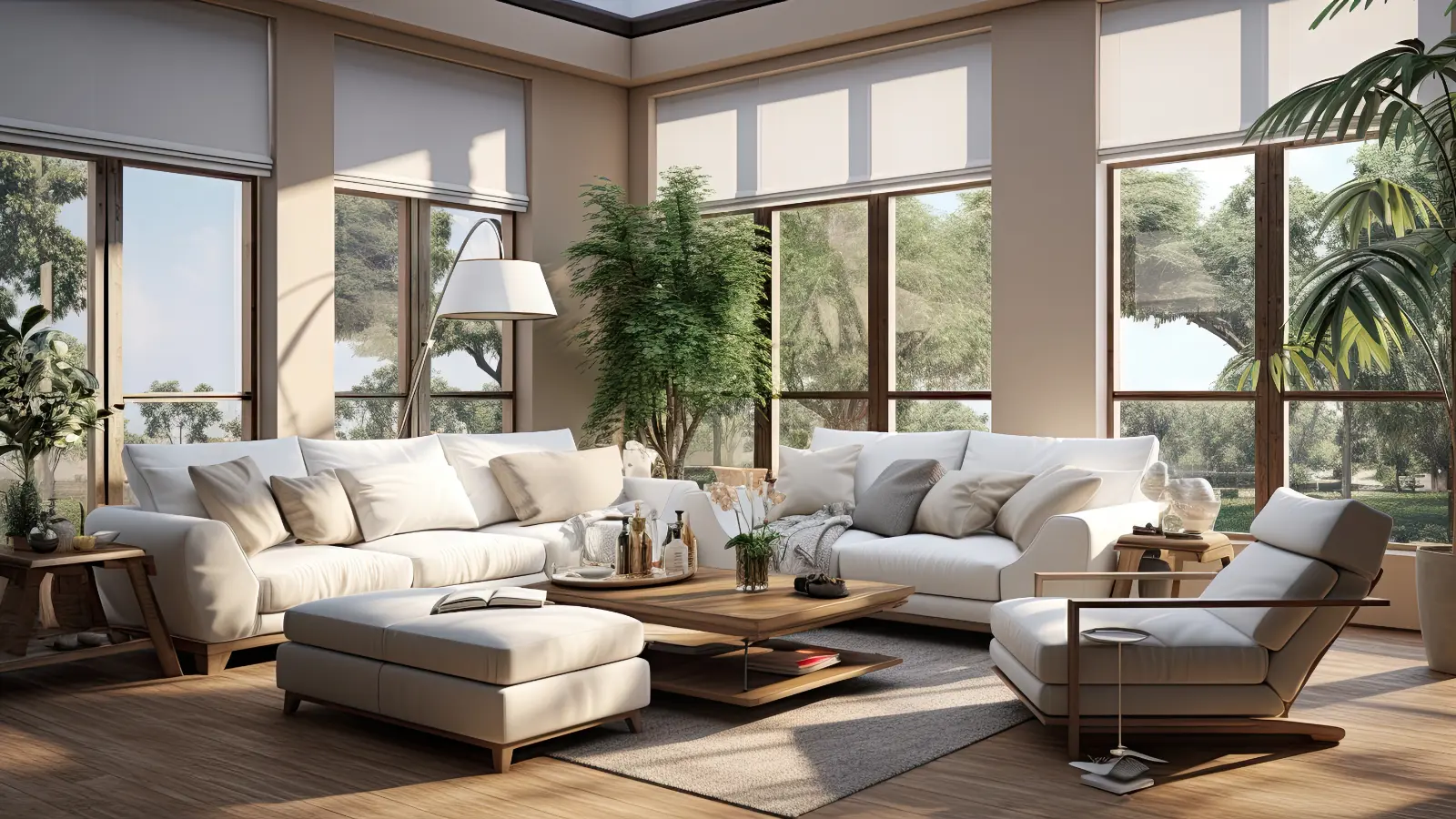 A living room with large windows and Roman shades