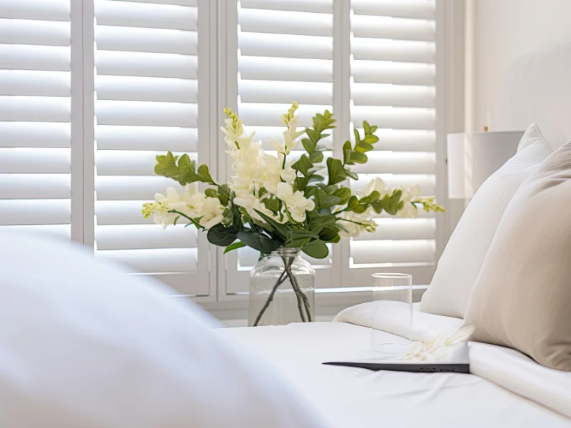 White plantation shutters in a bedroom.