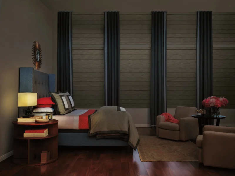 Hunter Douglas room darkening window coverings.