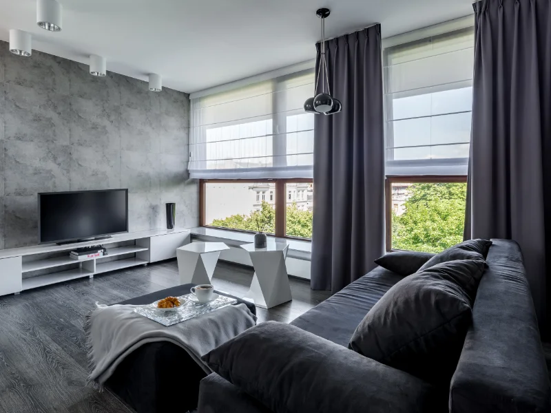 Elegant translucent Roman shades in a modern living room.