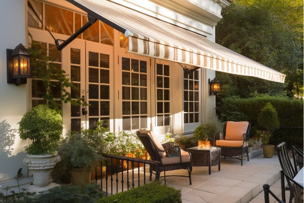 An outdoor patio with an awning