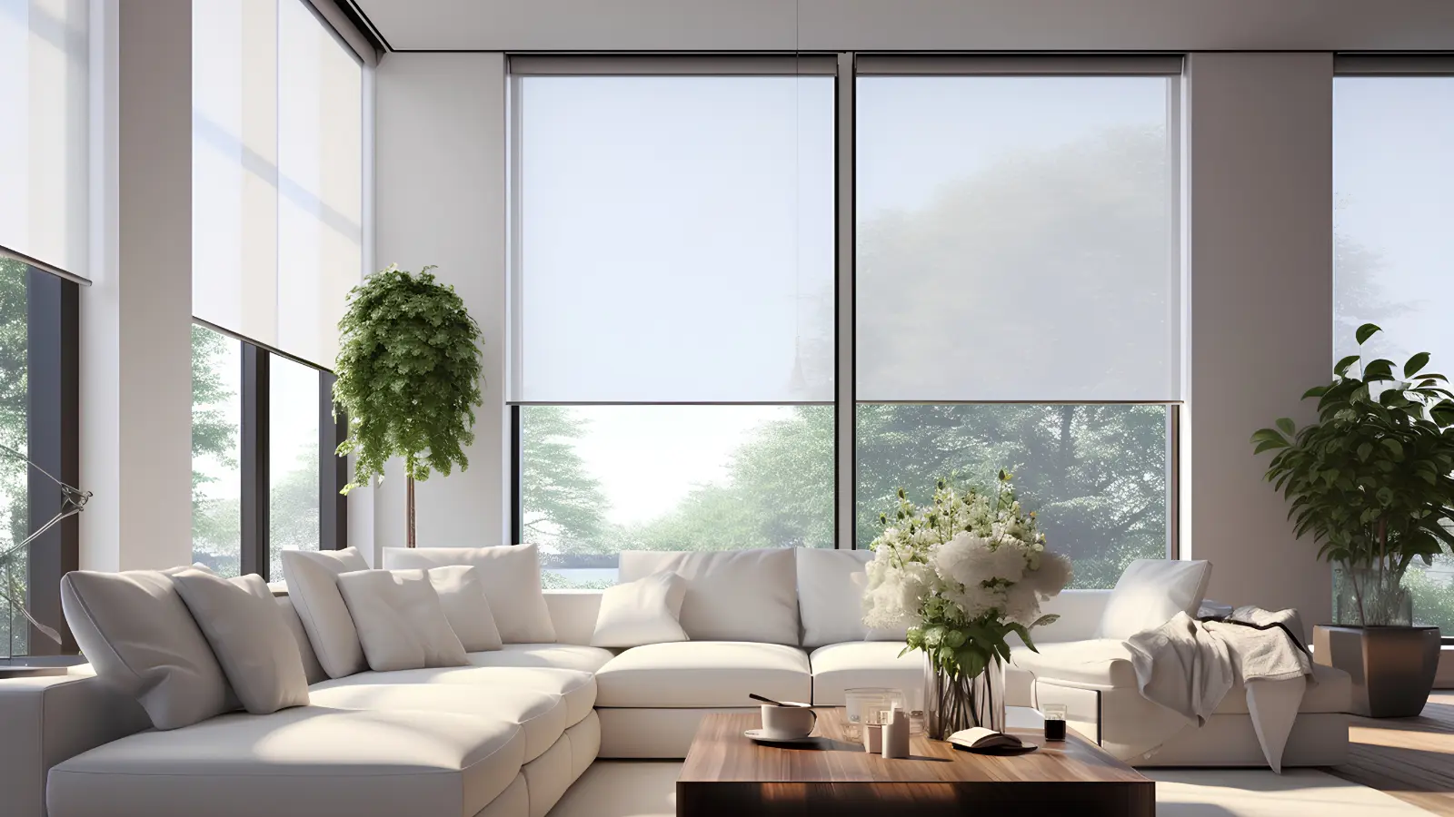 A living room with large windows covered by shades