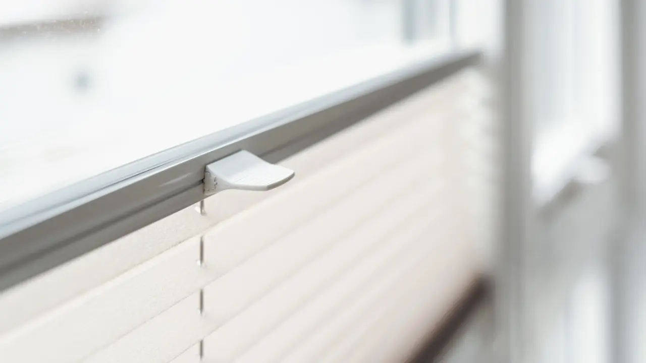 A close up of a window with blinds