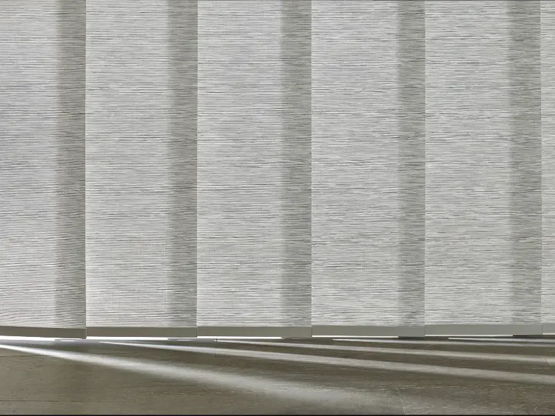 Transluscent gray window shades.