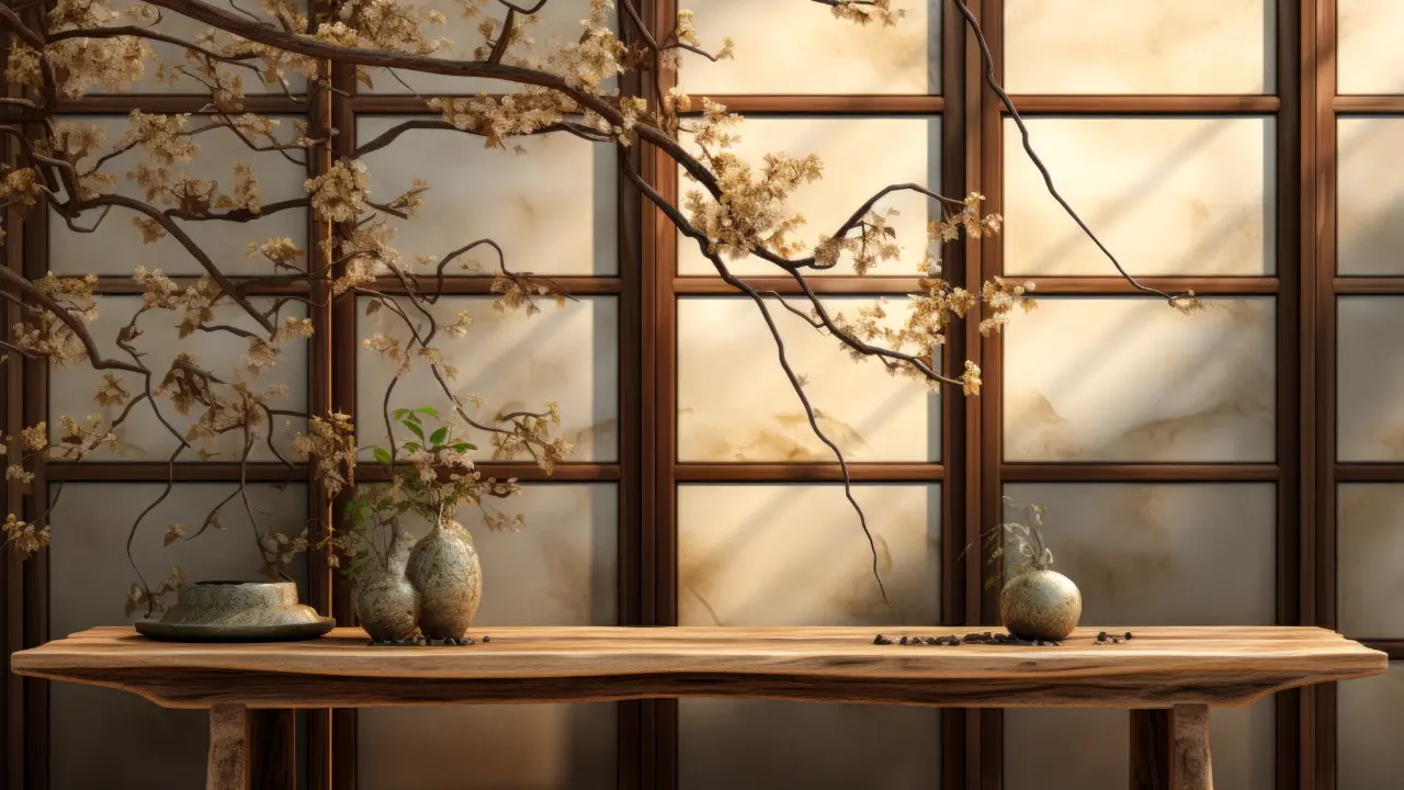 A Japanese wooden table in front of a window