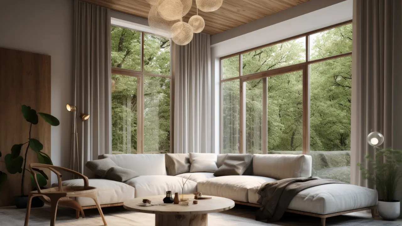 3d rendering of a living room with a large window