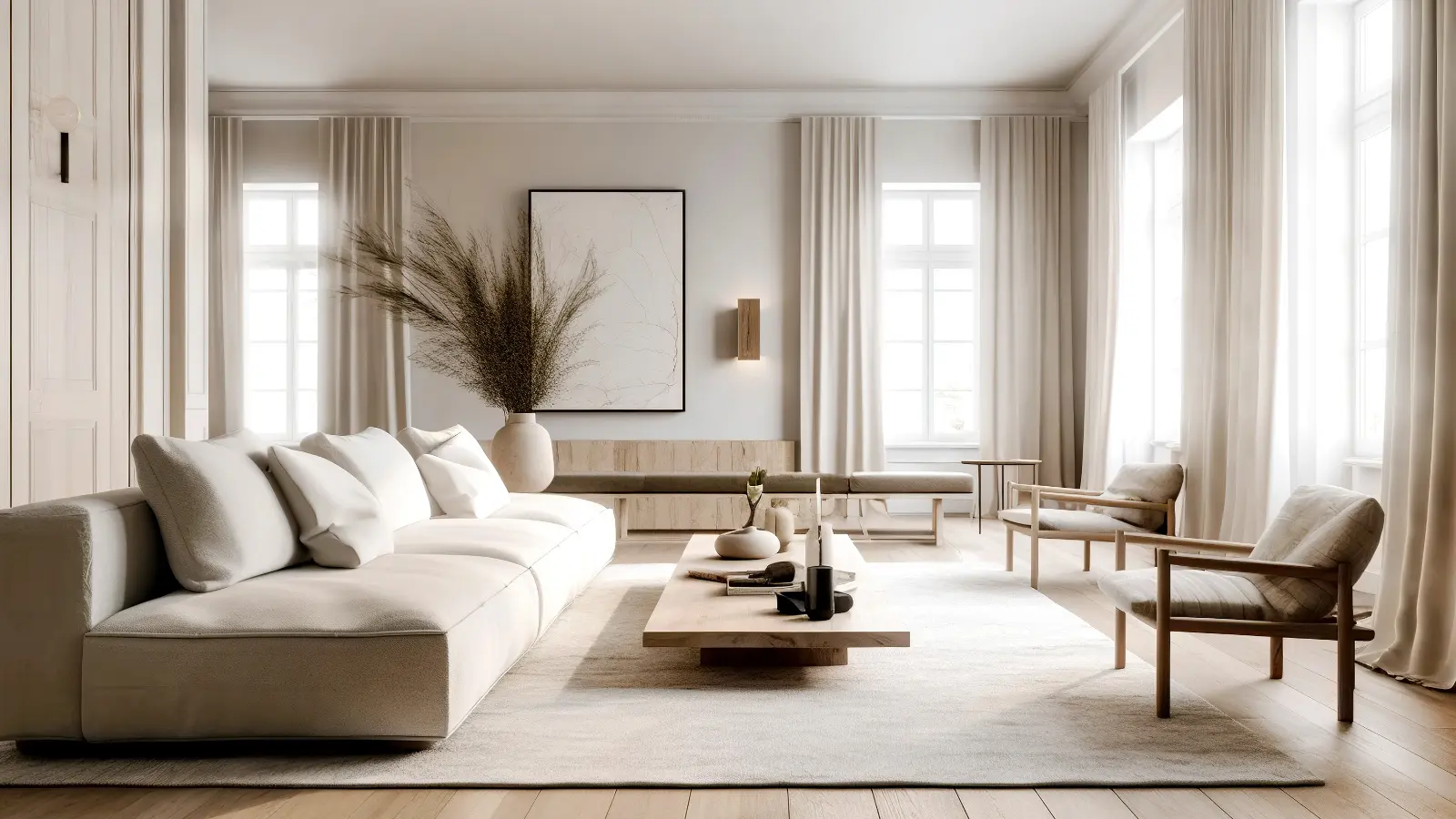 A white living room with white drapes