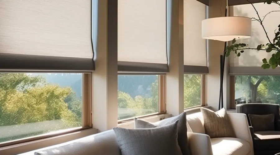 A living room with motorized shades