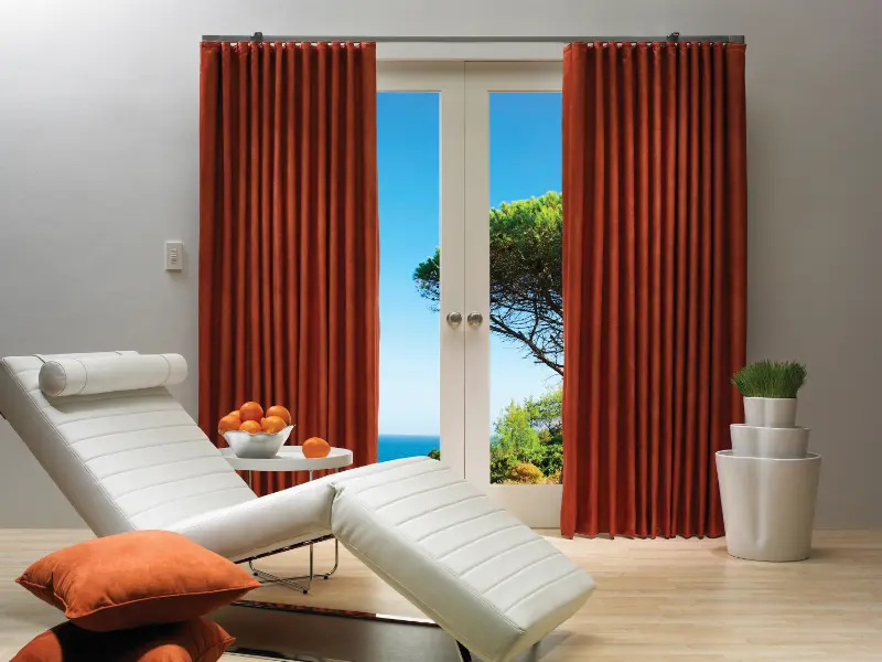 Lively red drapes in a modern living room.