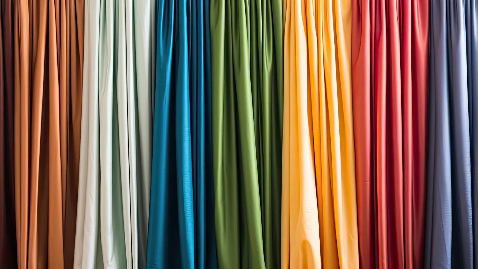 A row of colorful curtains on a wall
