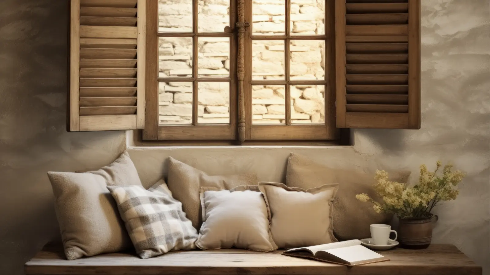 A rustic room with wooden shutters