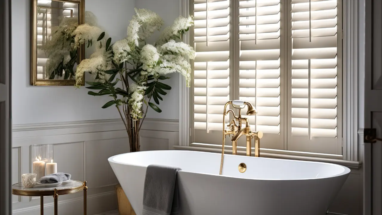 A bathroom with white shutters and gold fixtures