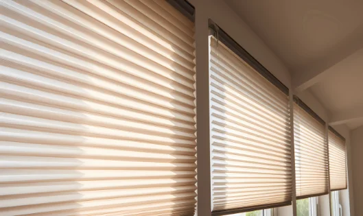 Pleated shades on a row of windows