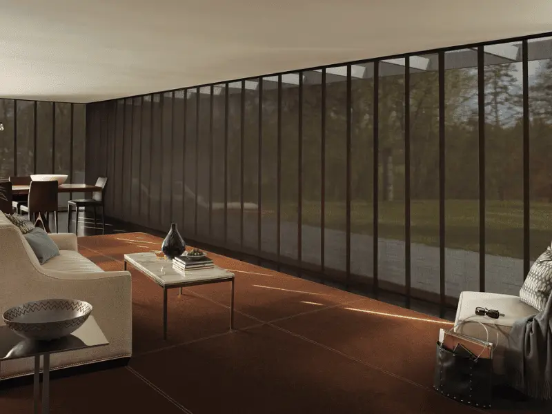 Black solar shades in dark living room