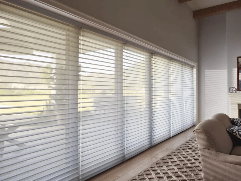 Living room with floor-to-ceiling silhouette shades