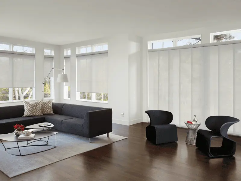 White solar shades in a modern living room