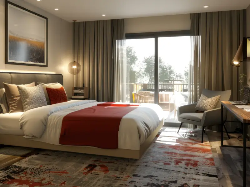 Layered drapes and curtains in a bedroom