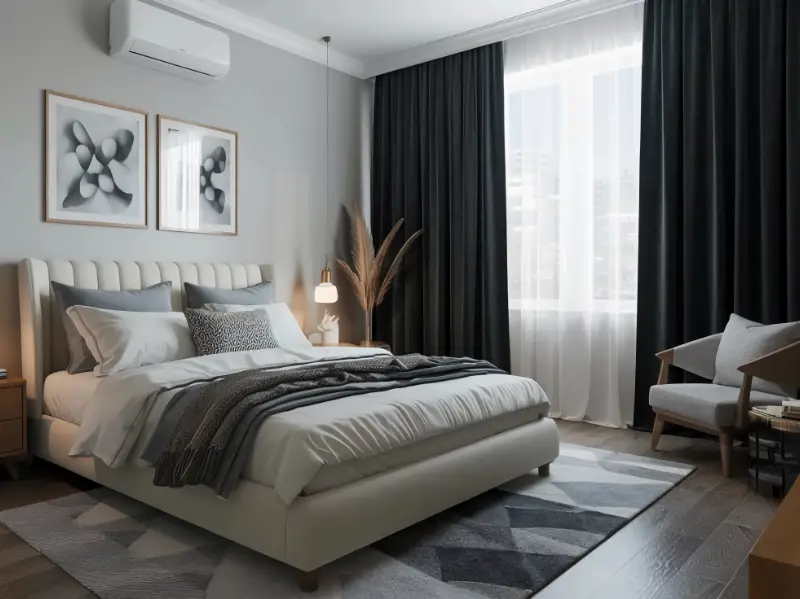 Lively red drapes in a modern living room.