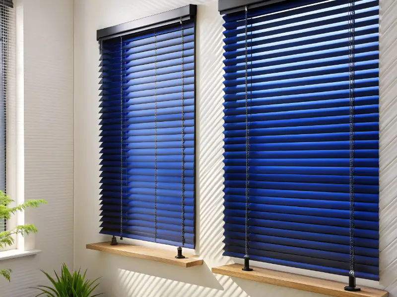 Brilliant blue mini blinds covering two windows